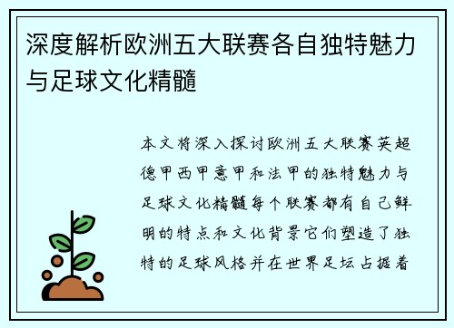 深度解析欧洲五大联赛各自独特魅力与足球文化精髓